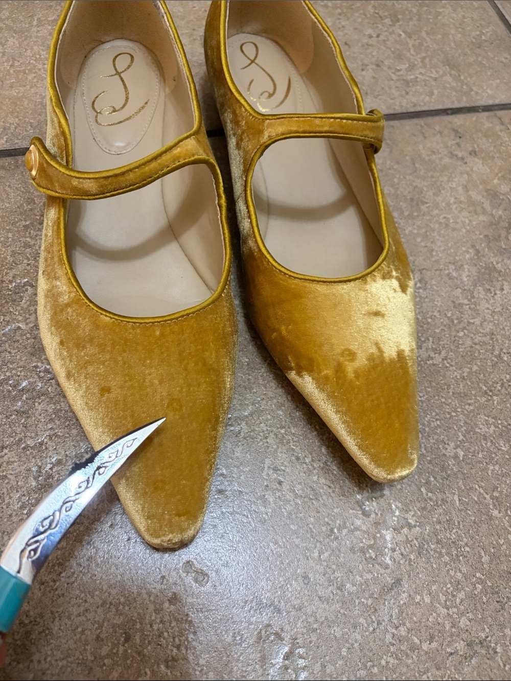 Sam Edelman Gold Velvet Mary Jane Pointed-Toe Flats - Picture 2 of 9